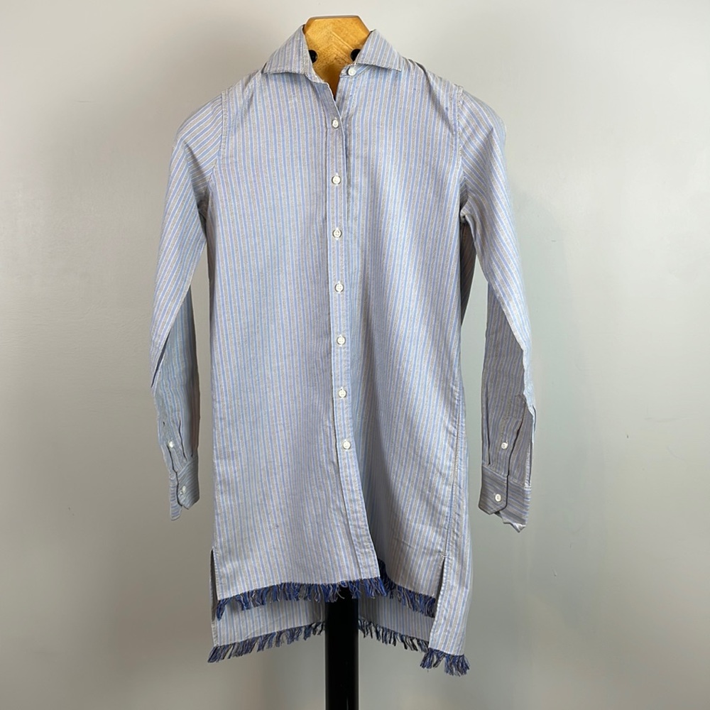 Ann Mashburn Boyfriend Shirt Raw Hem Collared Button Down Blue Extra Small XS